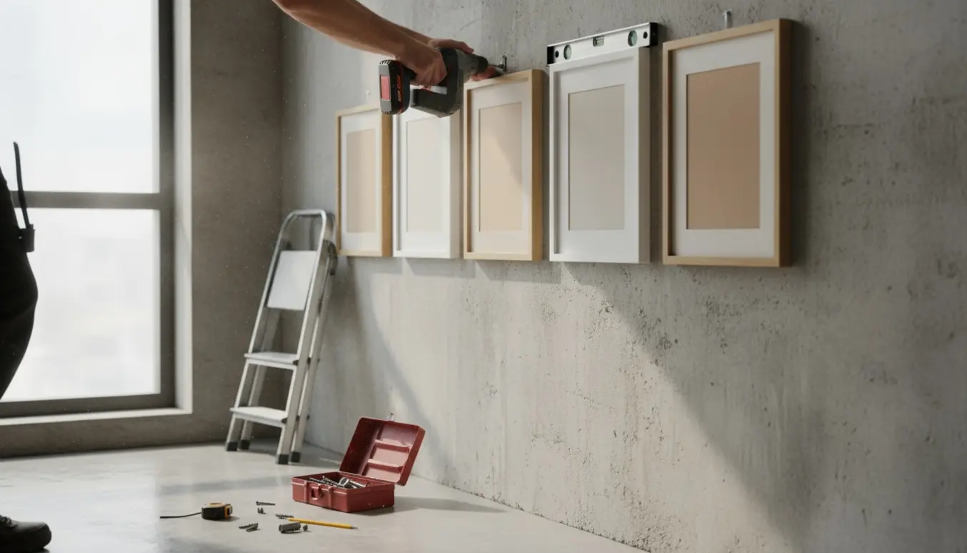 Hænder hænger fem billedrammer op på en betonvæg med borehammer, skruer og vaterpas.