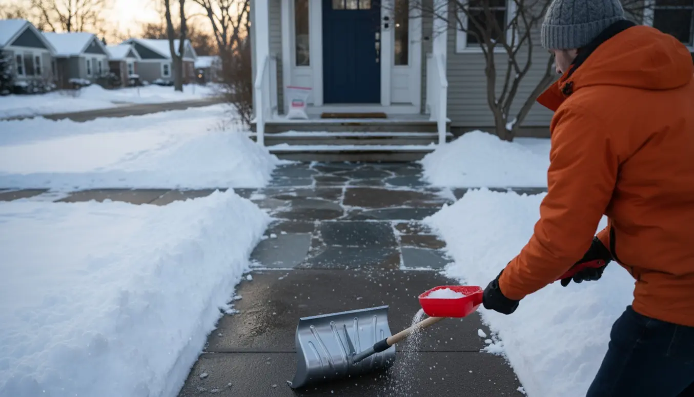 Person set bagfra rydder sne på fortov og sti til hoveddøren på en solrig vintermorgen.