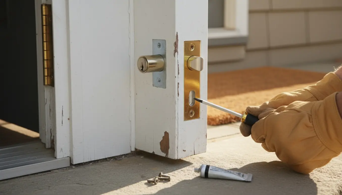 Nærbillede af en hoveddørslås under inspektion med en løs låsecylinder og værktøj, ingen tydelige ansigter.