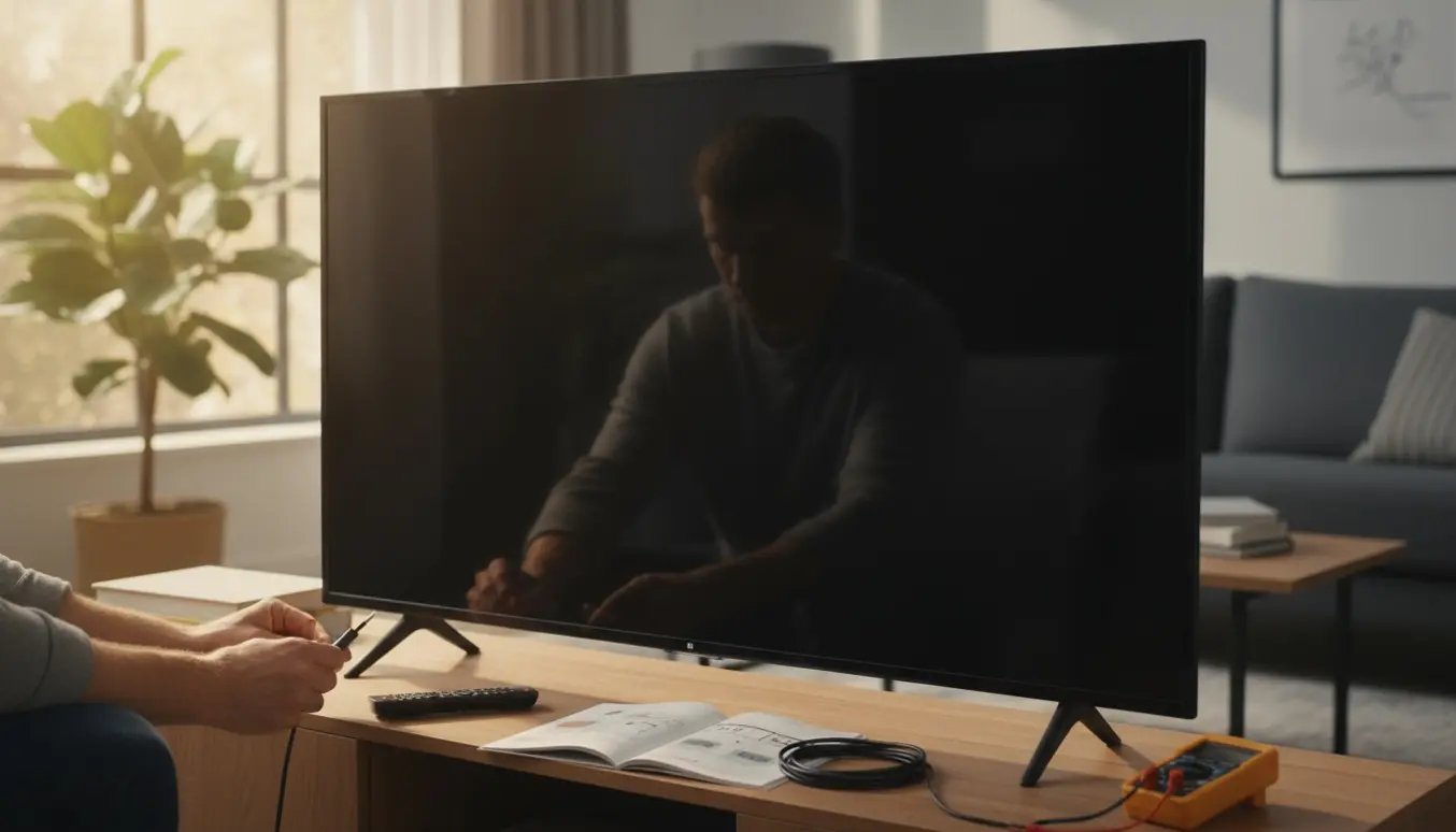 Hænder genindsætter HDMI-kabel bag en fladskærm med sort skærm i en moderne stue.