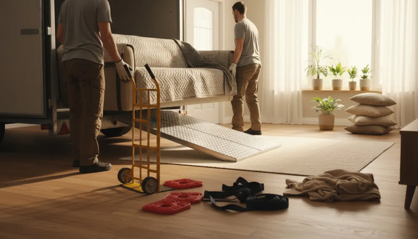 To personer løfter en sofa fra en åben trailer ind i et lyst alrum med flyttetæpper og dolly.