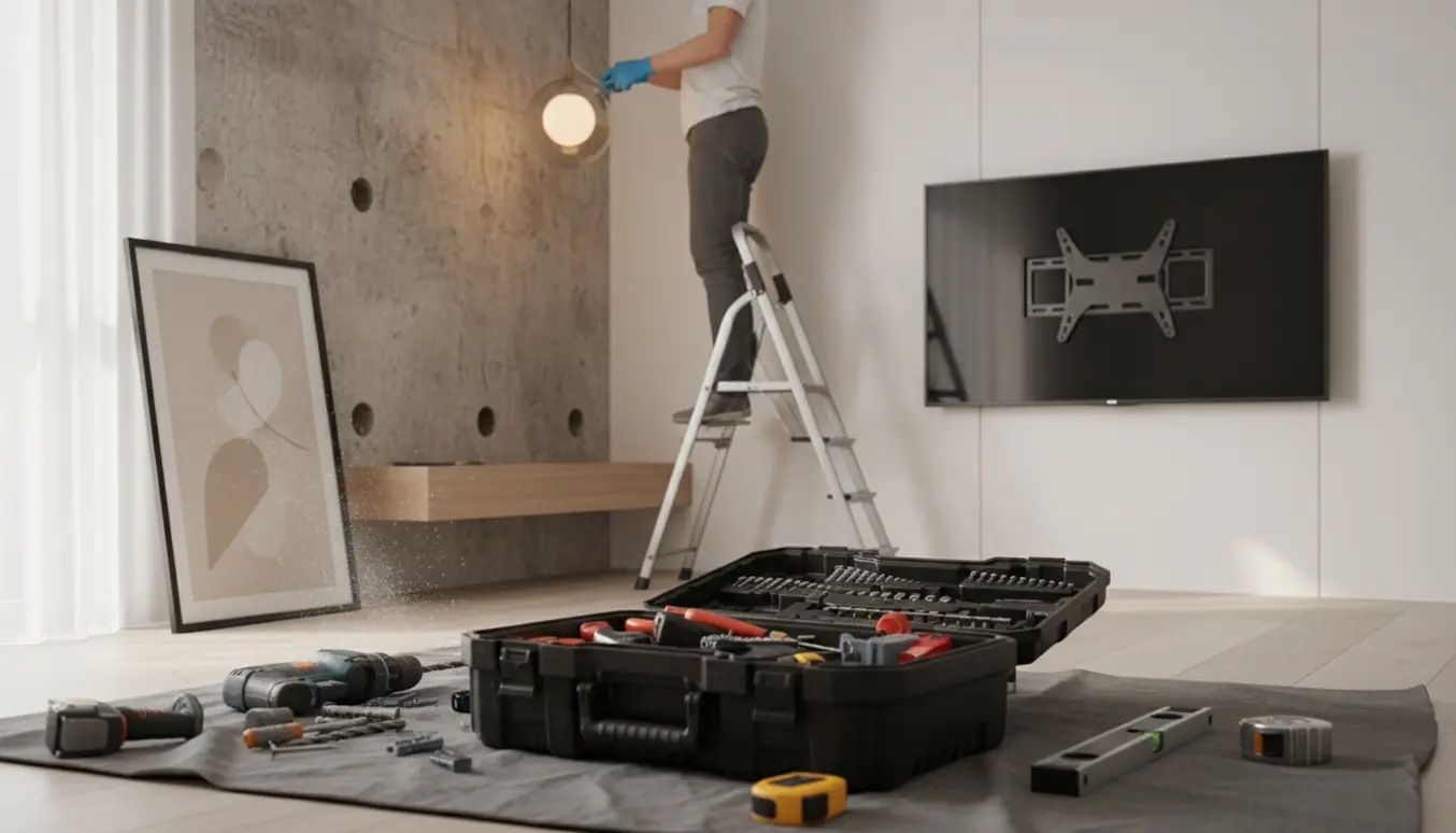 Værktøj og hænder monterer loftlampe, TV på gipsvæg og to genstande på en betonvæg.