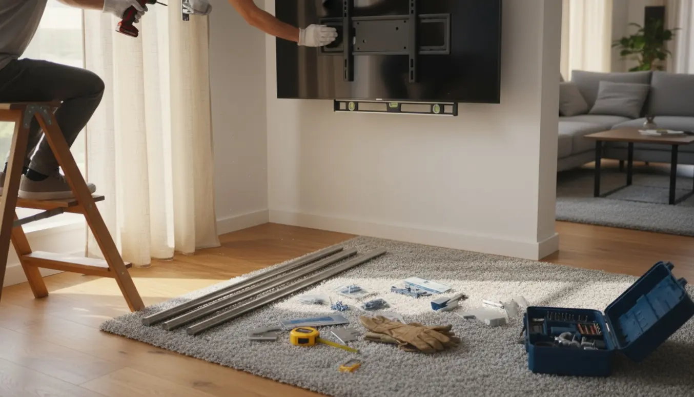 Hænder monterer tre gardinstænger over vinduer og opsætter et fladskærms-tv i en lys, moderne stue.