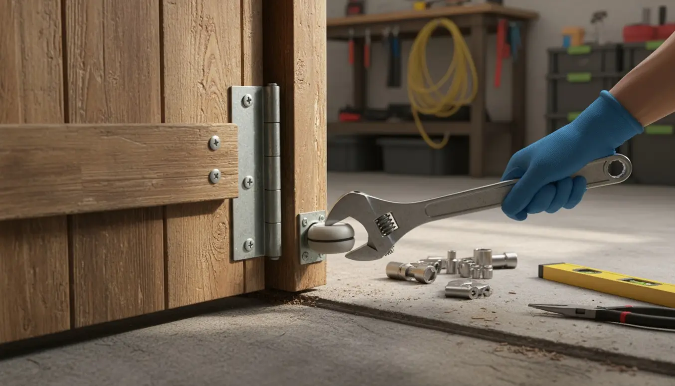 En hånd med skruenøgle justerer hængslet på en hjemmelavet garagedør, der hænger og skraber mod gulvet.