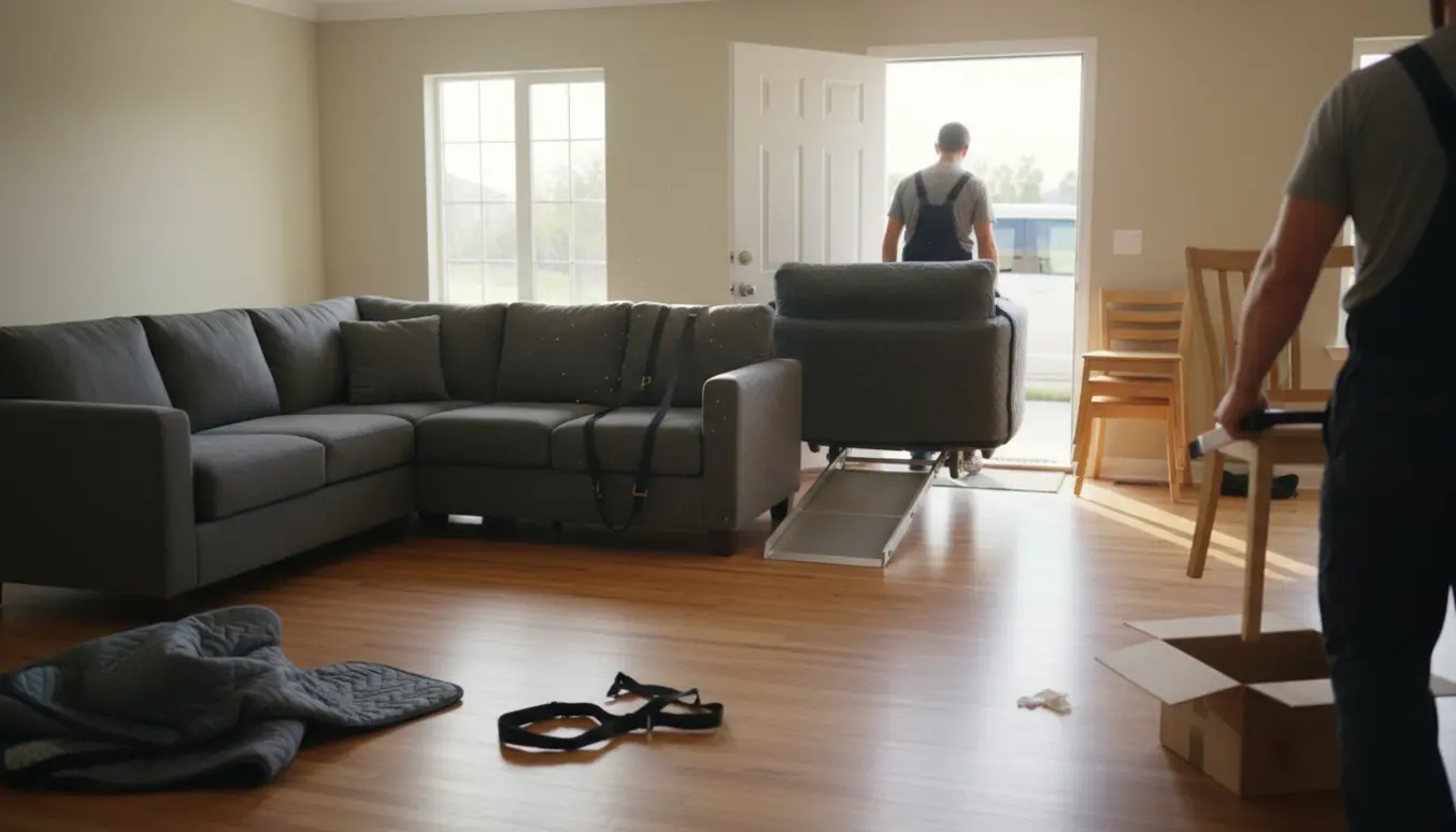 To sofaer bæres ud af en stue gennem en åben dør mod en flyttebil, med stablede små spisebordsstole ved siden af.