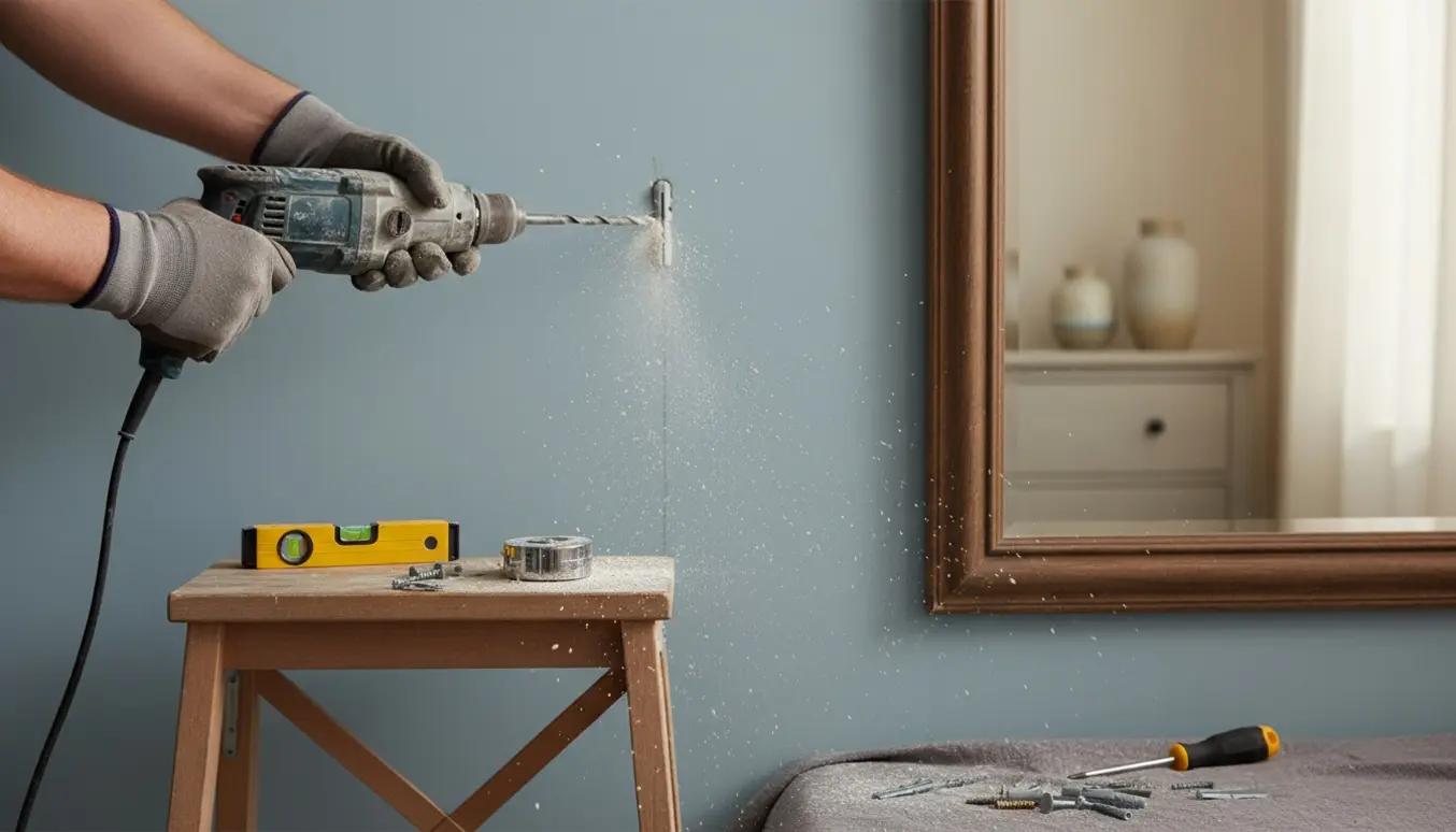 Nærbillede af hænder, der bruger et slagbor til at montere et spejl på en væg i et lyst rum.
