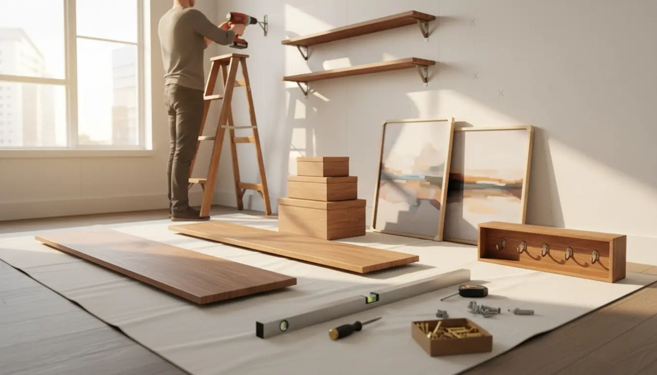 Person uden synligt ansigt monterer hylder og malerier i en lys lejlighed med værktøj og stige.