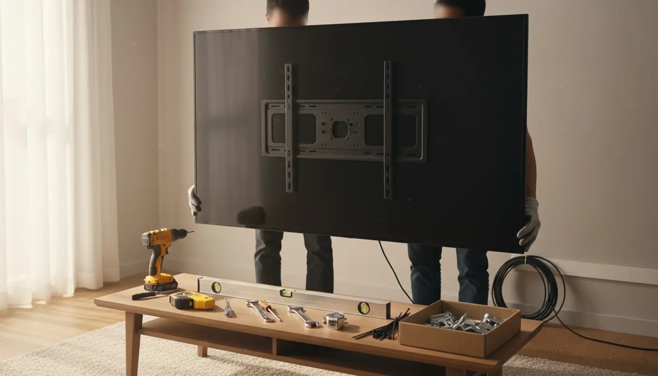 Installatører monterer et nyt 85-tommer TV på væggen efter afmontering af et 75-tommer TV, med værktøj i forgrunden.