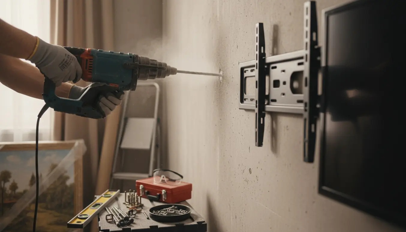 Håndværker borer i en betonvæg med en slagboremaskine for at montere tv, gardin og billede.