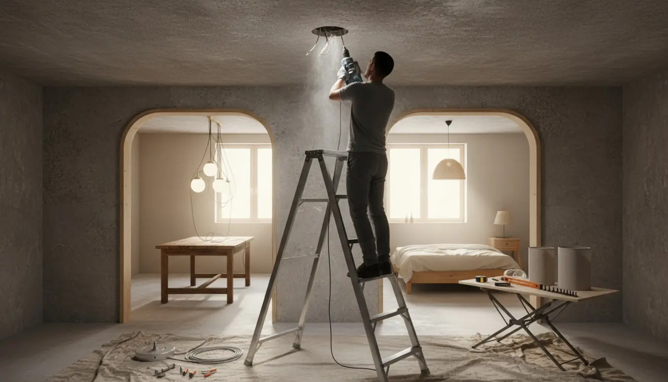 En person på en stige borer i et betontag med hammerbor for at montere en pendel, mens lamper og værktøj ligger klar.