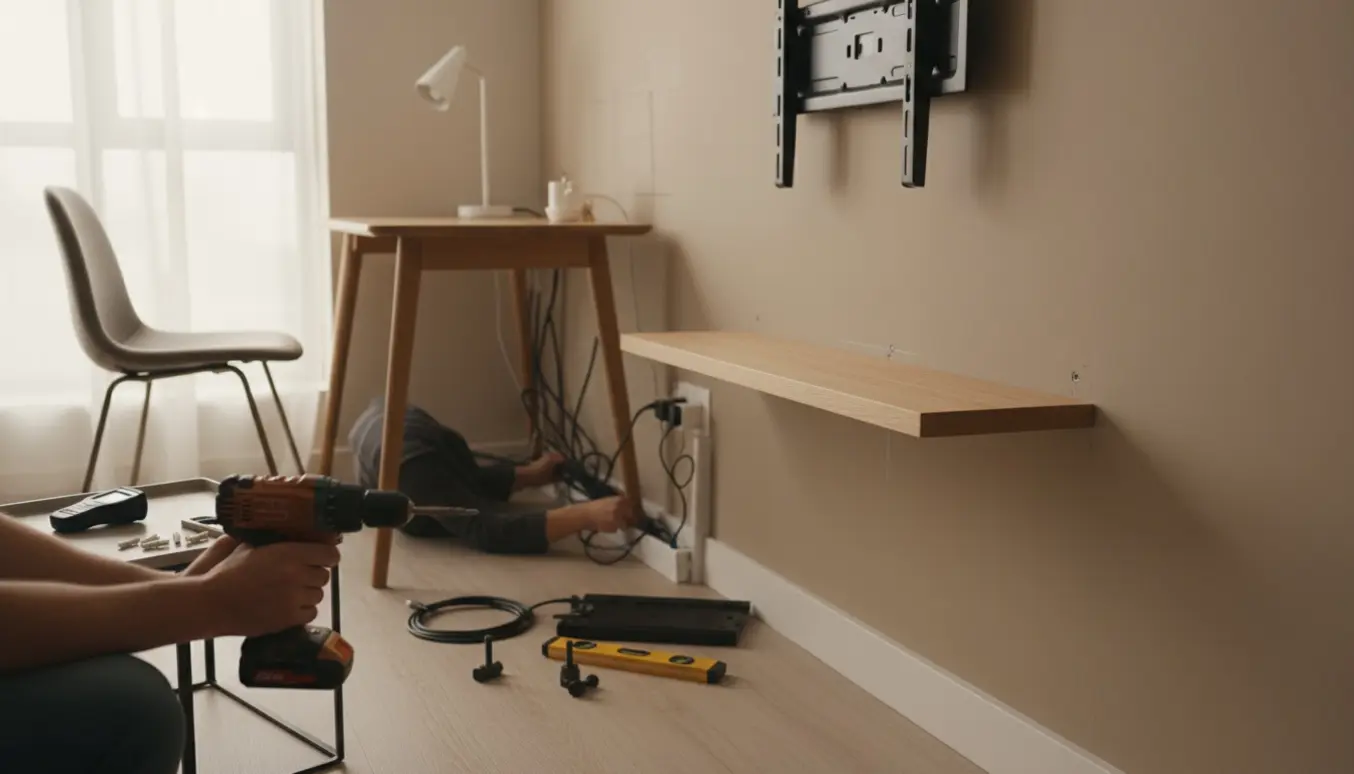 Nærbillede af hænder, der monterer svævehylder og skjuler kabler under et skrivebord.