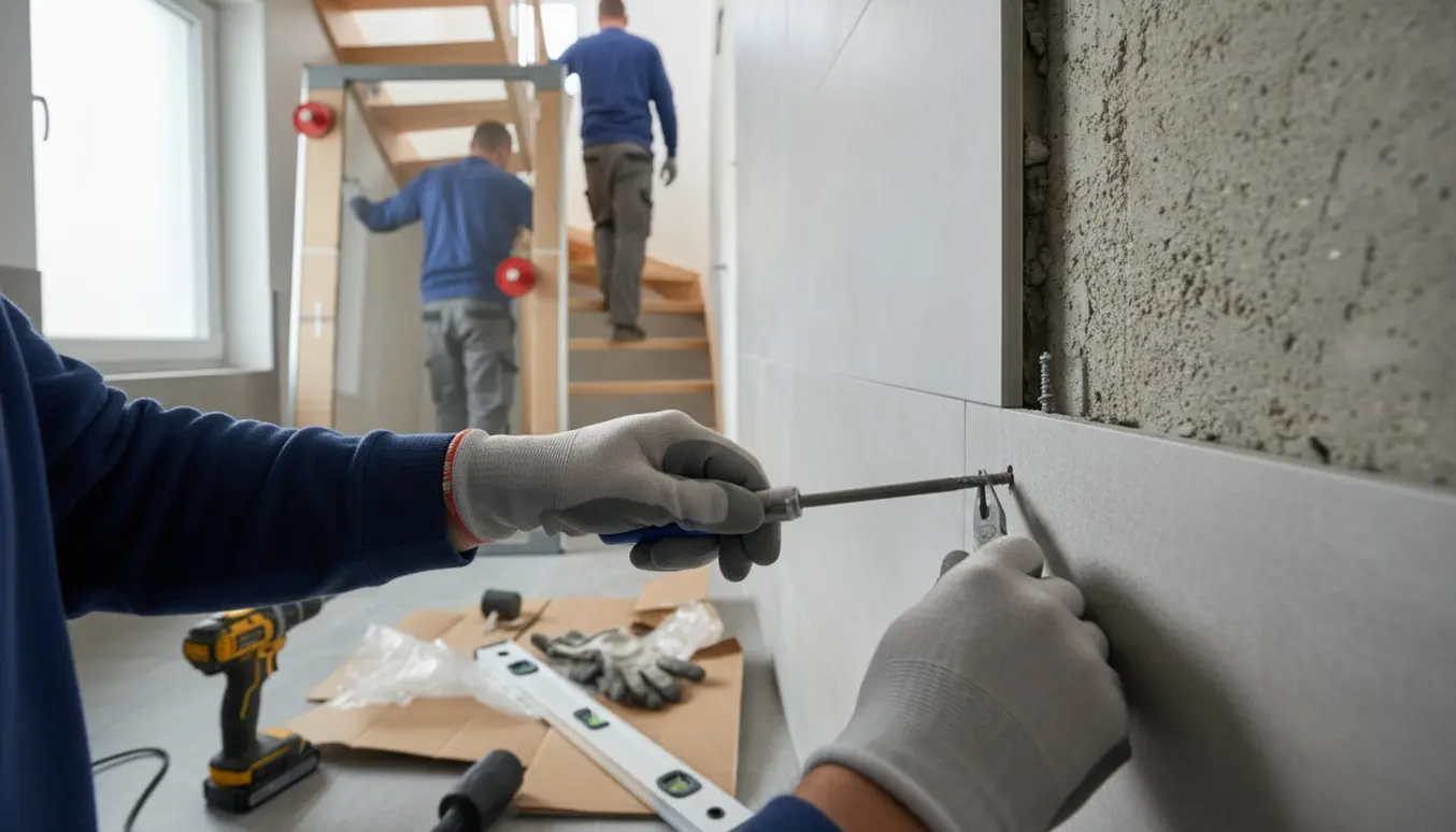 To håndværkere bærer en brusevæg op ad en smal trappe, mens hænder fjerner en ødelagt skrue i fliserne.