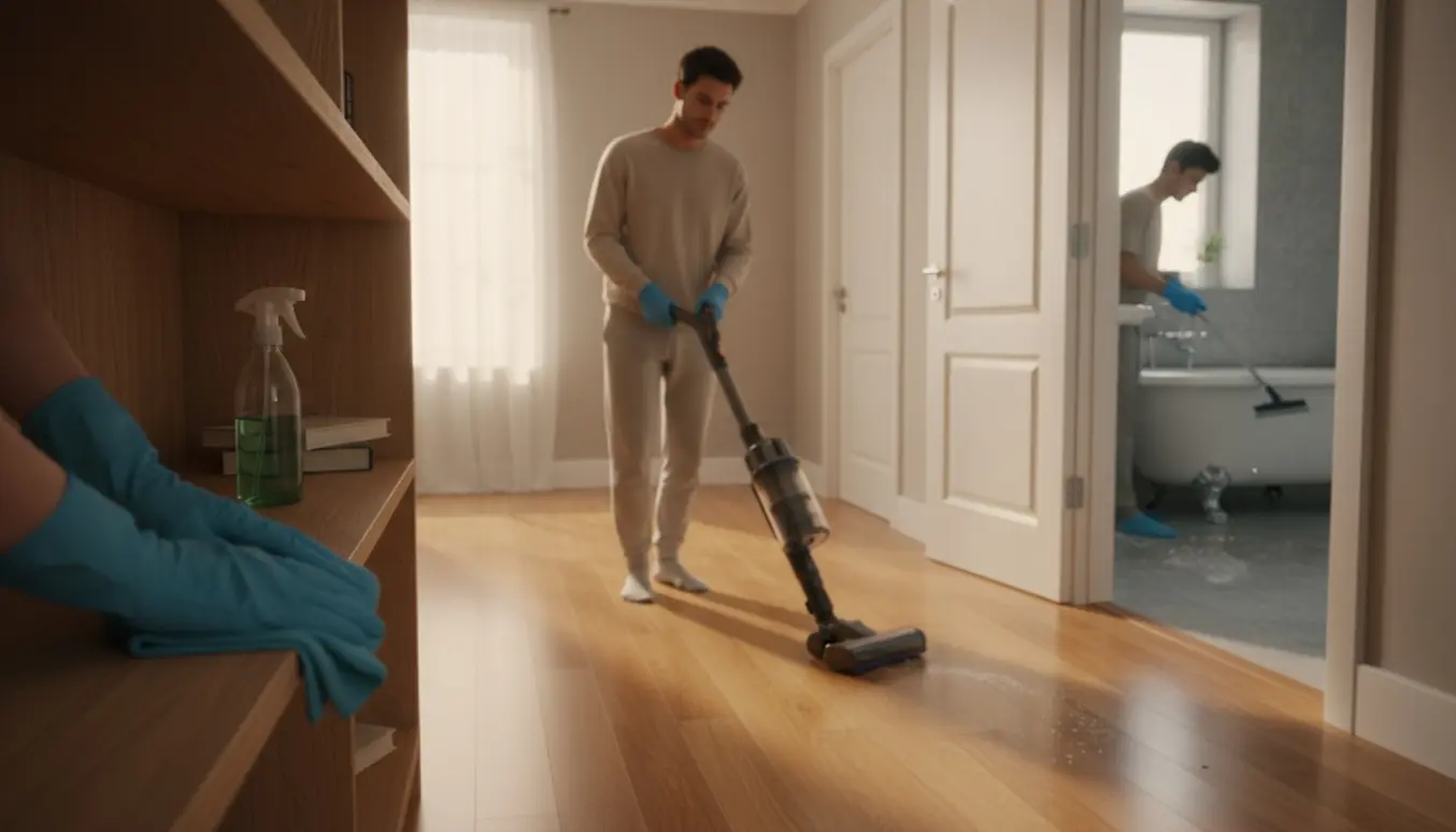 Rengøringshjælp i privat hjem med aftørring af støv, støvsugning og rengøring af et badeværelse med badekar.