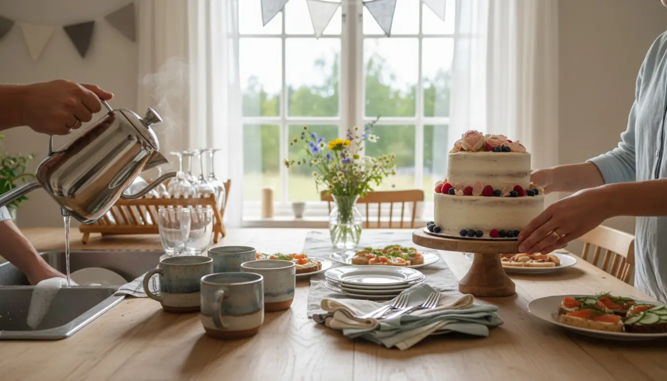 Hænder forbereder kaffe, anretter kagebord og serverer let aftensmad i et lyst køkken til konfirmation.