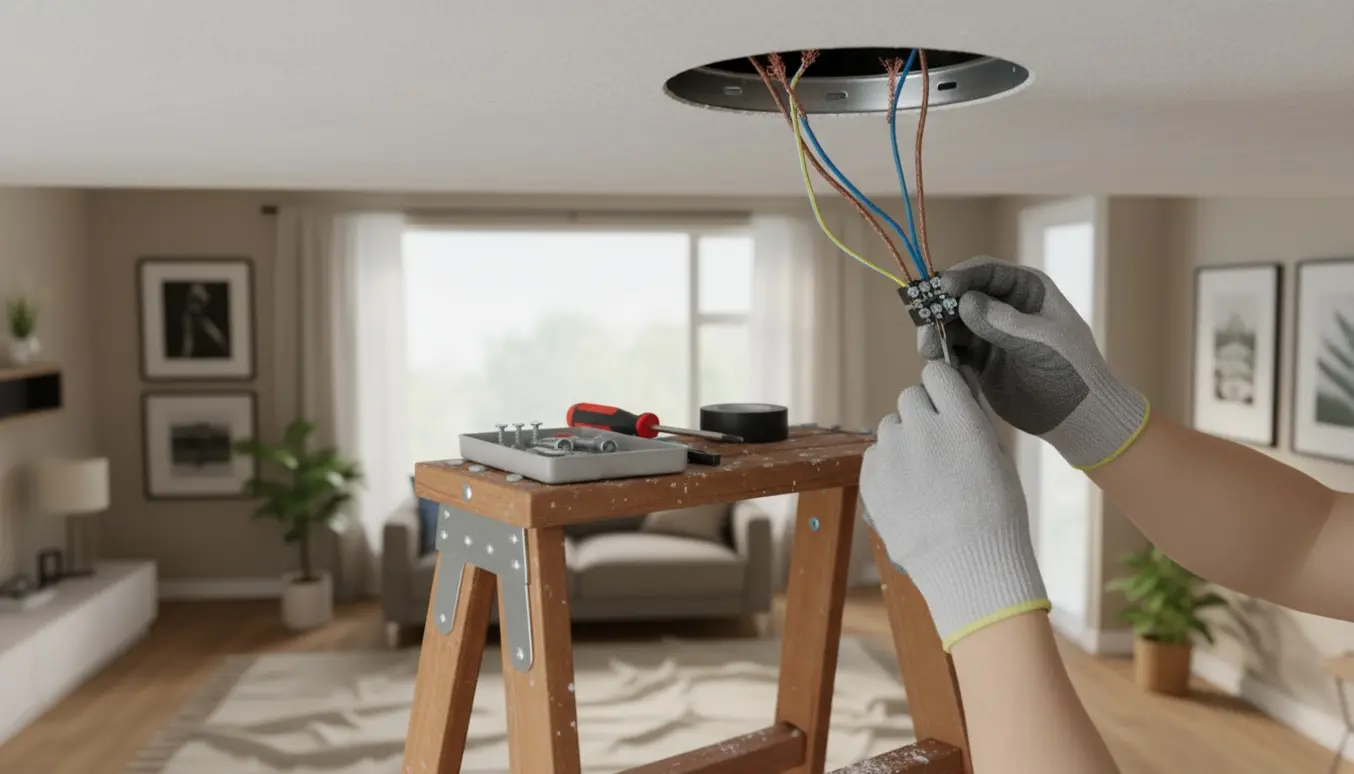 Handskerede hænder på en stige forbinder brune, blå og gul-grønne ledninger i en ny loftsinstallation til en lampe.