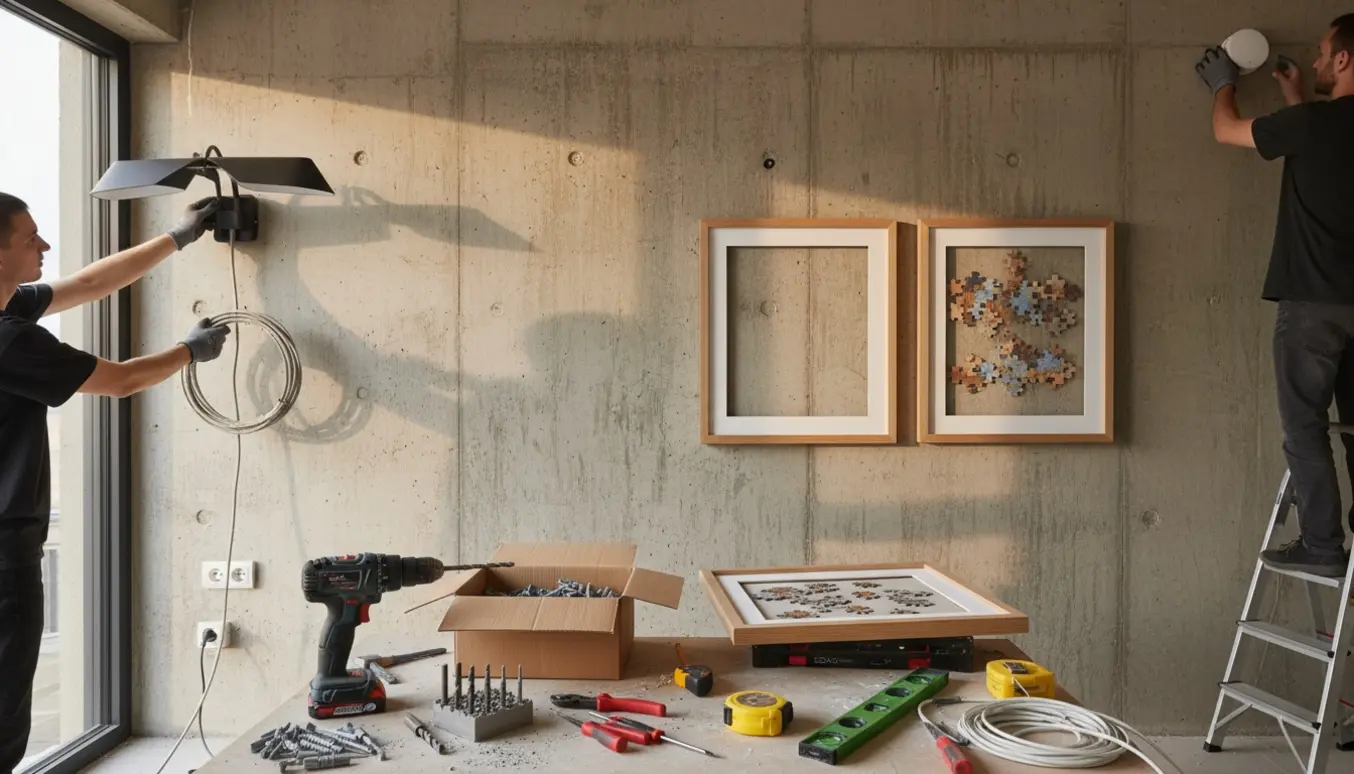 Hænder monterer en væglampe og røgmelder på en betonvæg med billedrammer og værktøj i forgrunden.