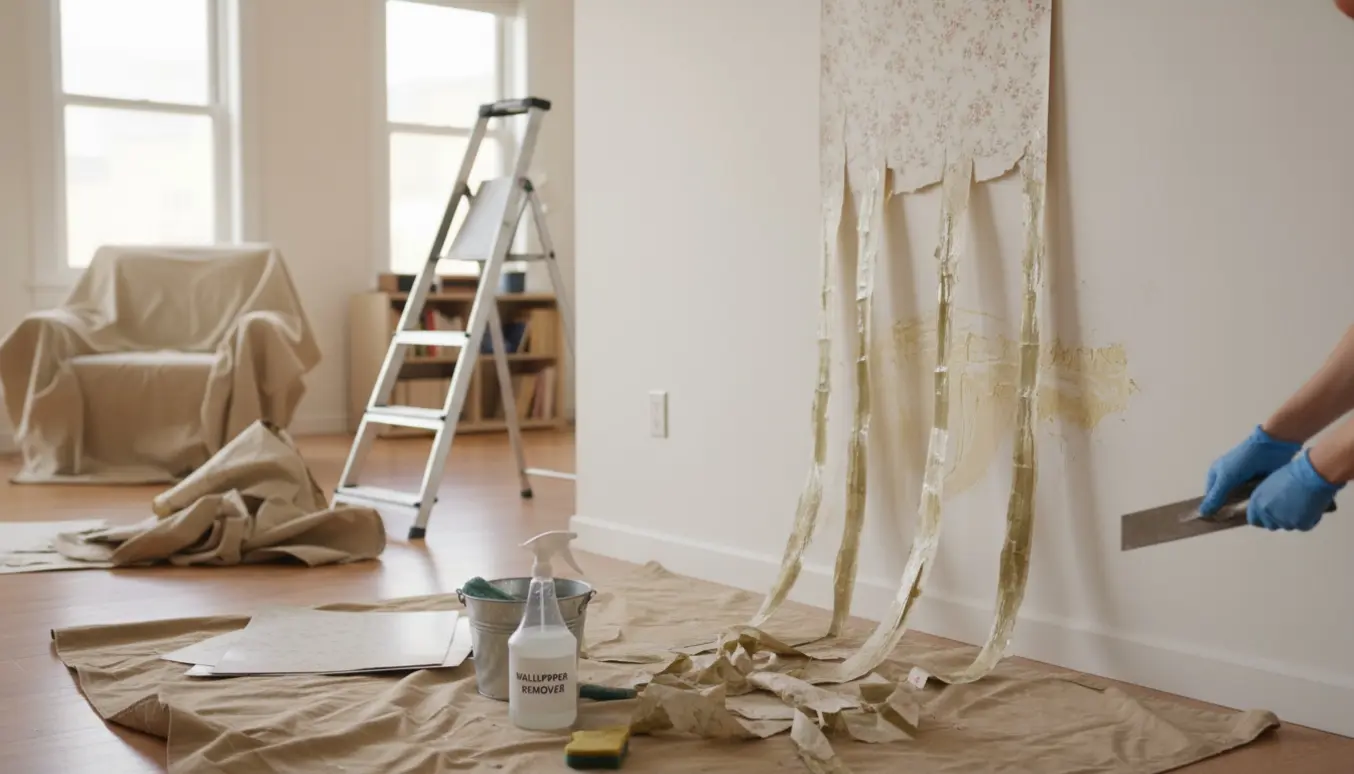 Hænder skraber tapet af en lejlighedsvæg med skraber, sprayflaske og spand ved siden af.