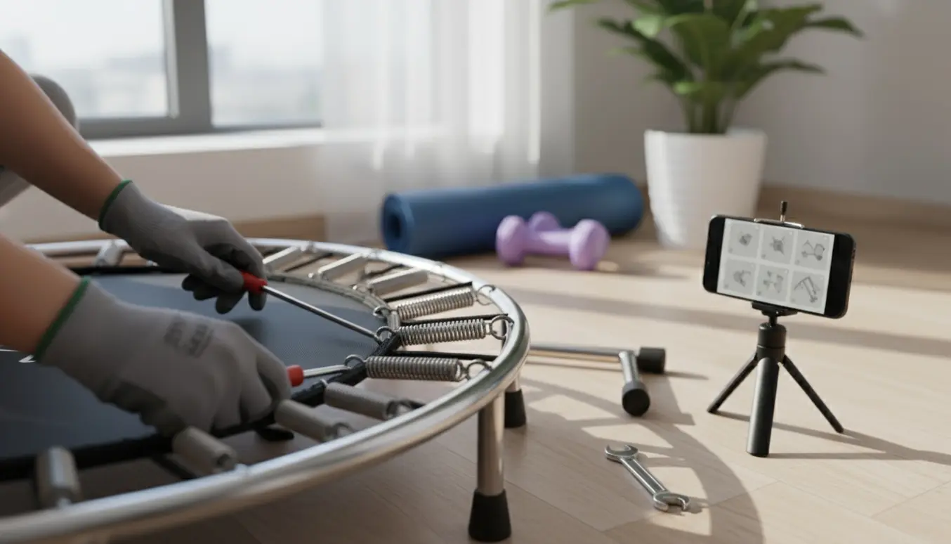 Hænder samler en fittrampolin i en lys hjemmegym, mens en telefon viser en instruktionsvideo.