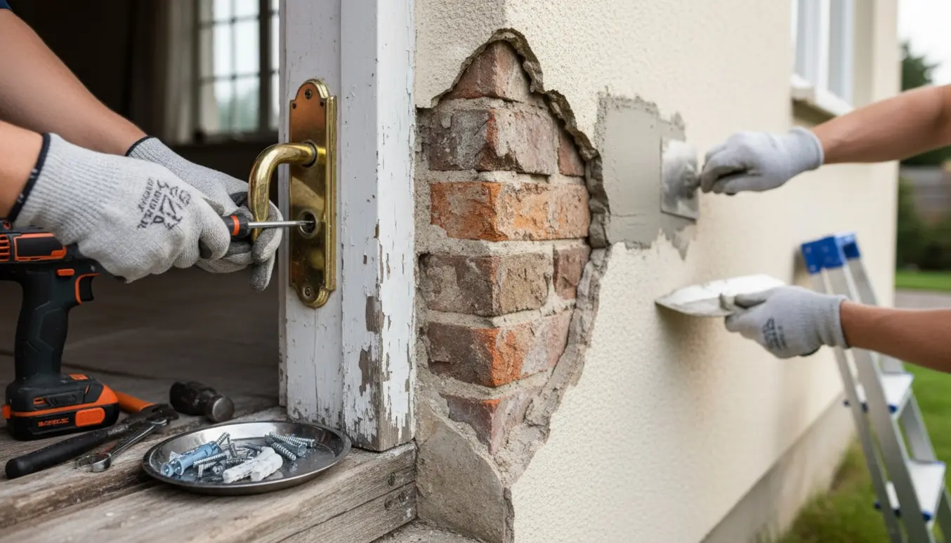 Hænder strammer et løst dørhåndtag, mens en anden hånd glatter frisk puds over en lang revne i gavlen.