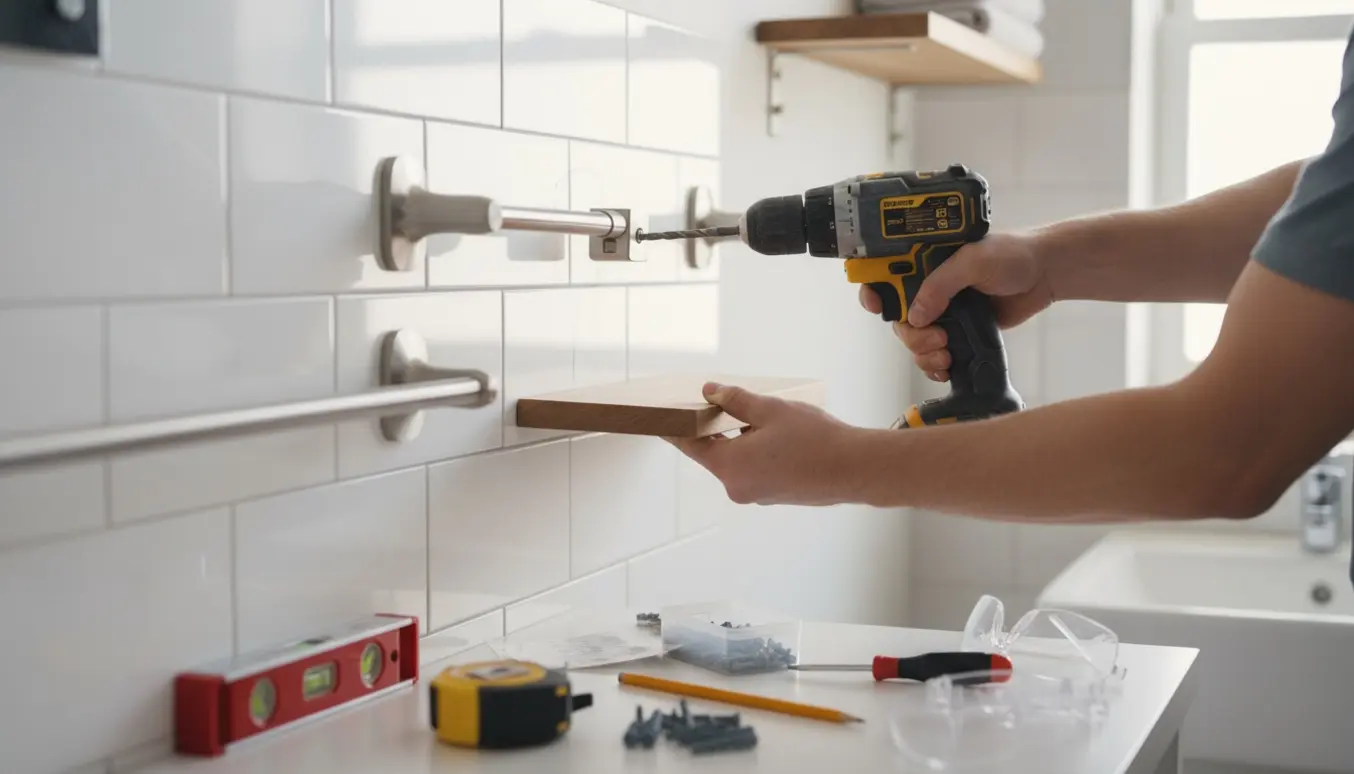 Nærbillede af hænder, der borer og monterer brusestang og håndklædestang på badeværelsesvæg.