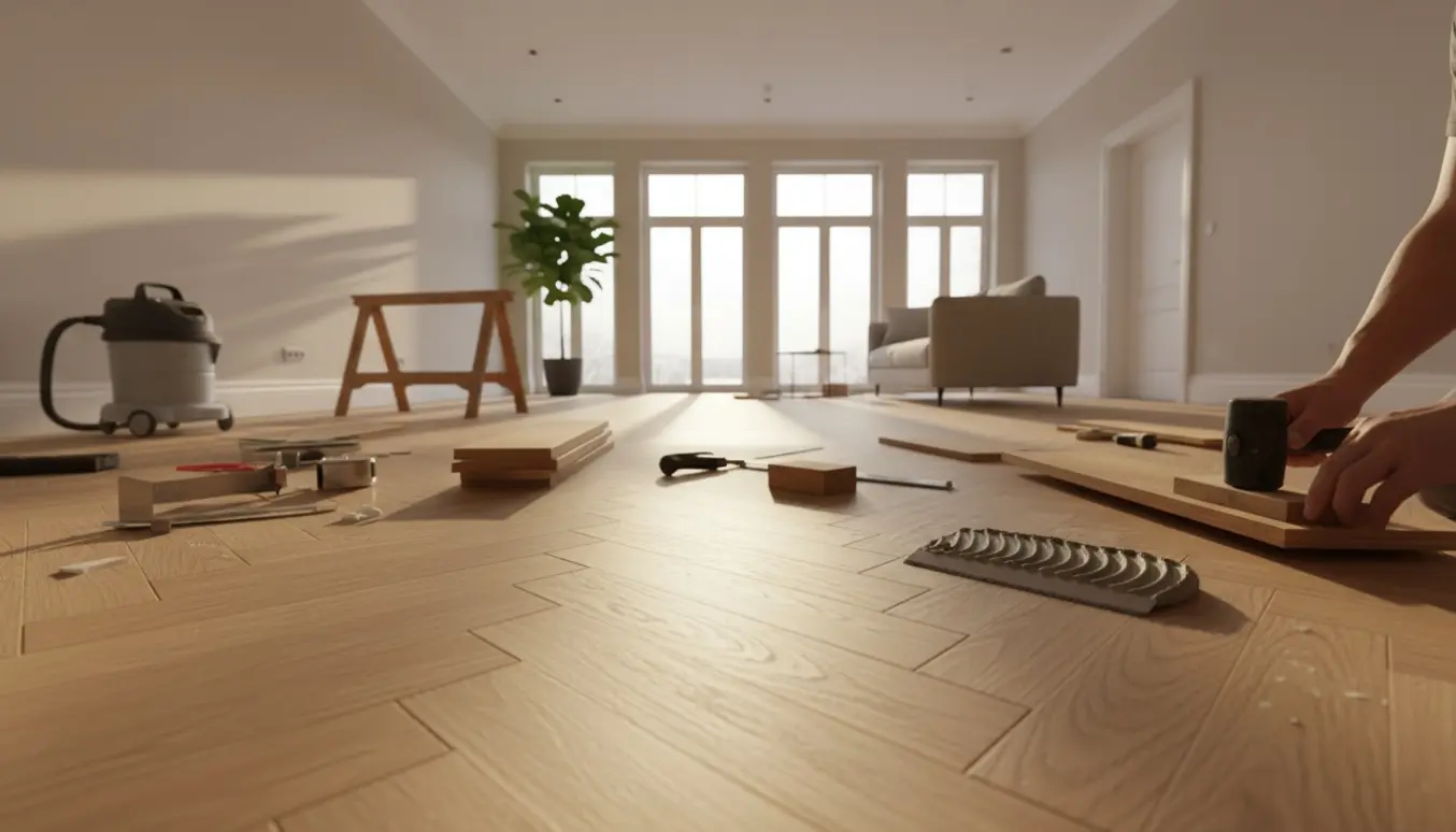 Sildebensparket bliver lagt i en lys stue med værktøj og stabler af trælister i forgrunden.