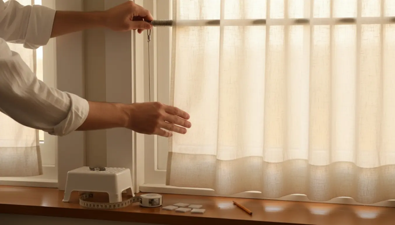 Hænder monterer en tryk- eller klæbemonteret gardinstang og lette hørgardiner ved et solrigt vindue uden boring.