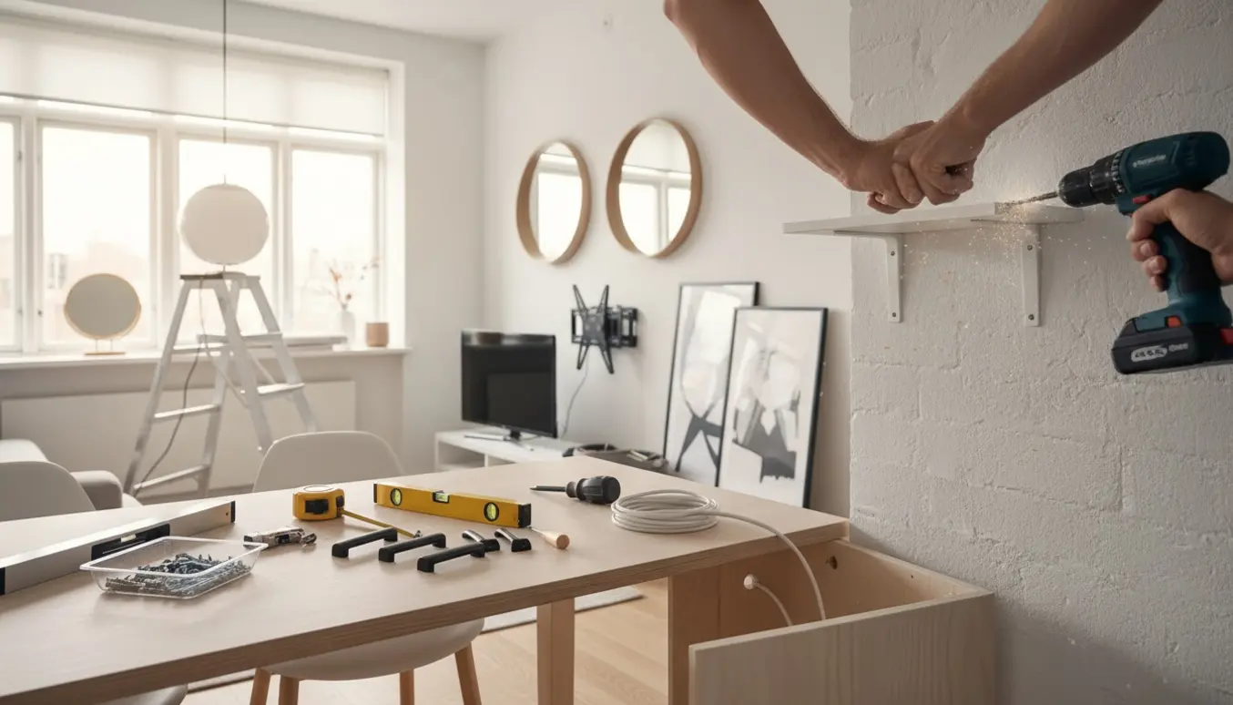 Hænder med boremaskine opsætter hylder og lamper i en lys lejlighed med værktøj på spisebordet.