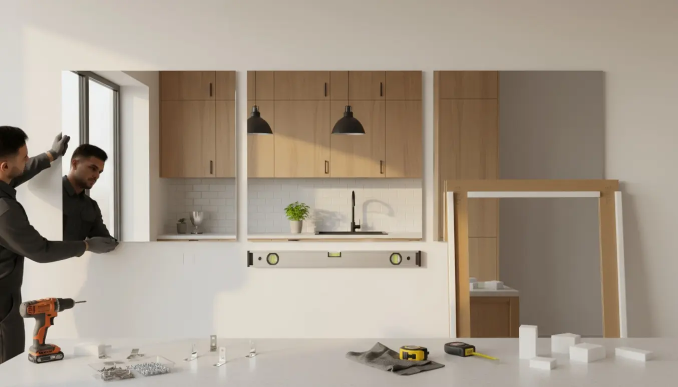 Tre store rektangulære spejle hænges op side om side på en køkkenvæg med værktøj og emballage i forgrunden.