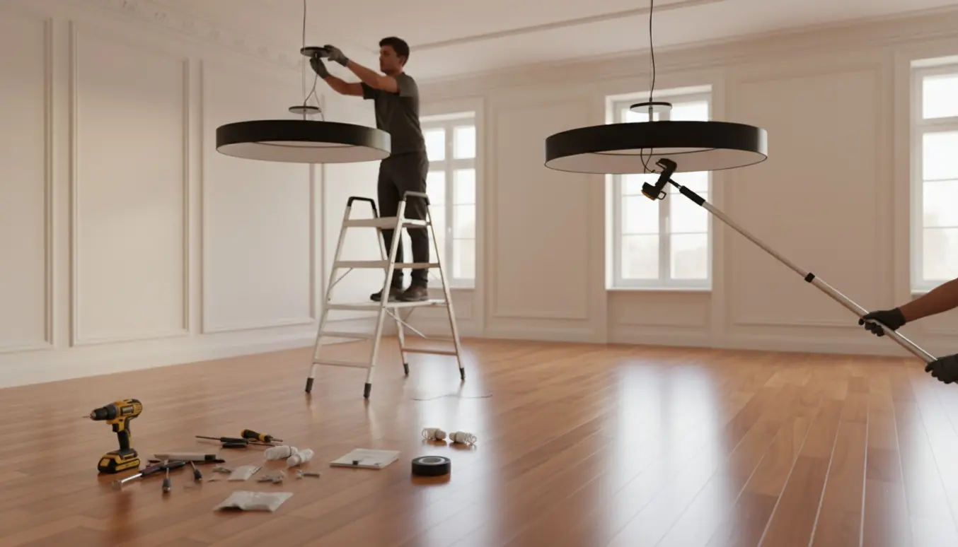 Højloftet stue hvor to loftlamper monteres med stillads og forlængerstang, kun hænder og værktøj er synlige.