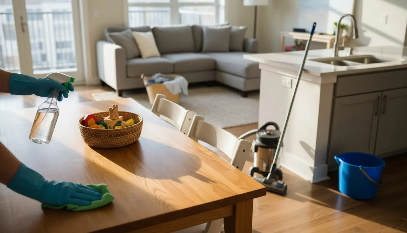 Aftørring af bord i en lys familielejlighed med støvsuger og legetøj i baggrunden.