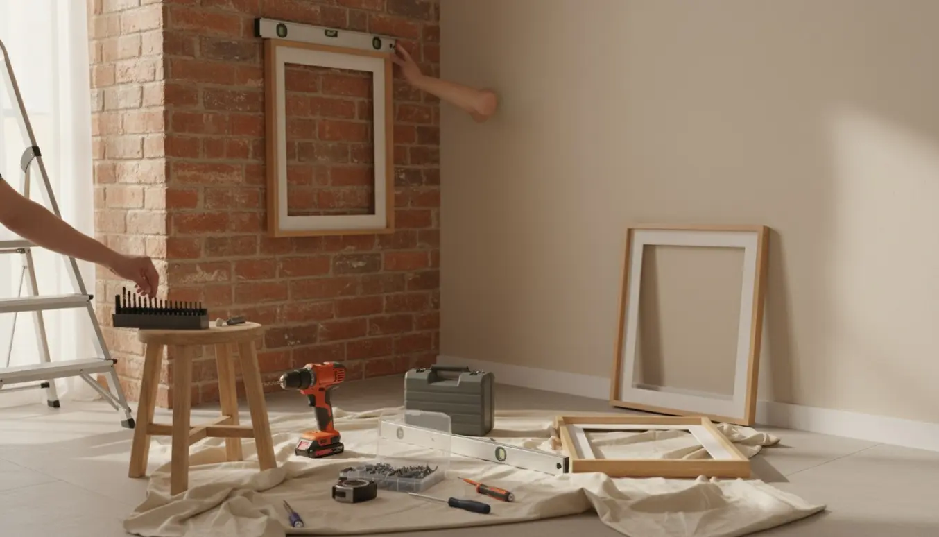 Nærbillede af værktøj og hængende billedrammer ved en murstensvæg og en malet væg, klar til ophængning.