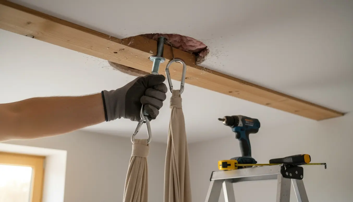 Handskerede hænder monterer en kraftig øjeskrue i en spærbjælke synlig gennem et udskåret hul i gipsloftet, med værktøj ved siden af.