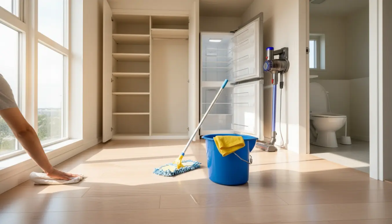 Tom lejlighed under flytterengøring med moppe, spand, støvsuger og åbent køleskab.