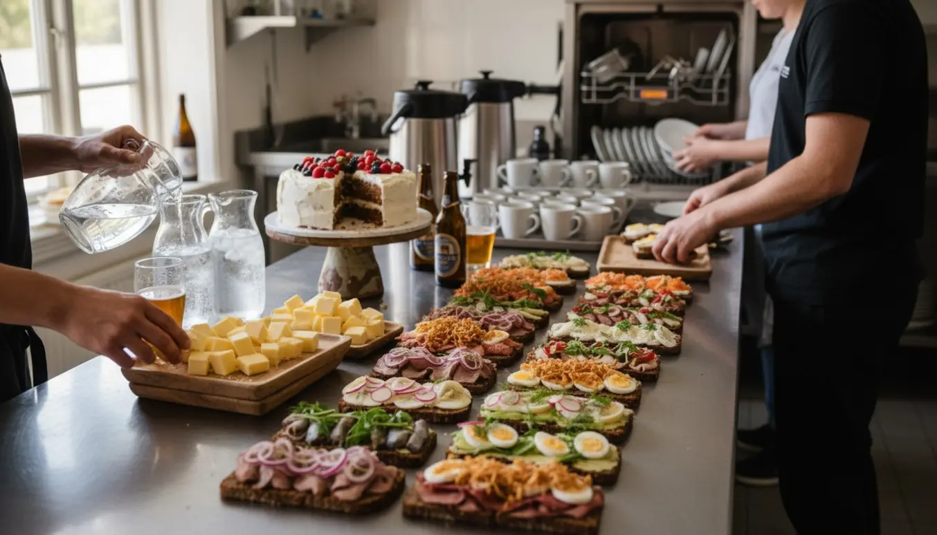Travlt køkkenbord med smørrebrød, øl, vand, kaffe og kage, mens hænder sætter service i opvaskemaskinen.