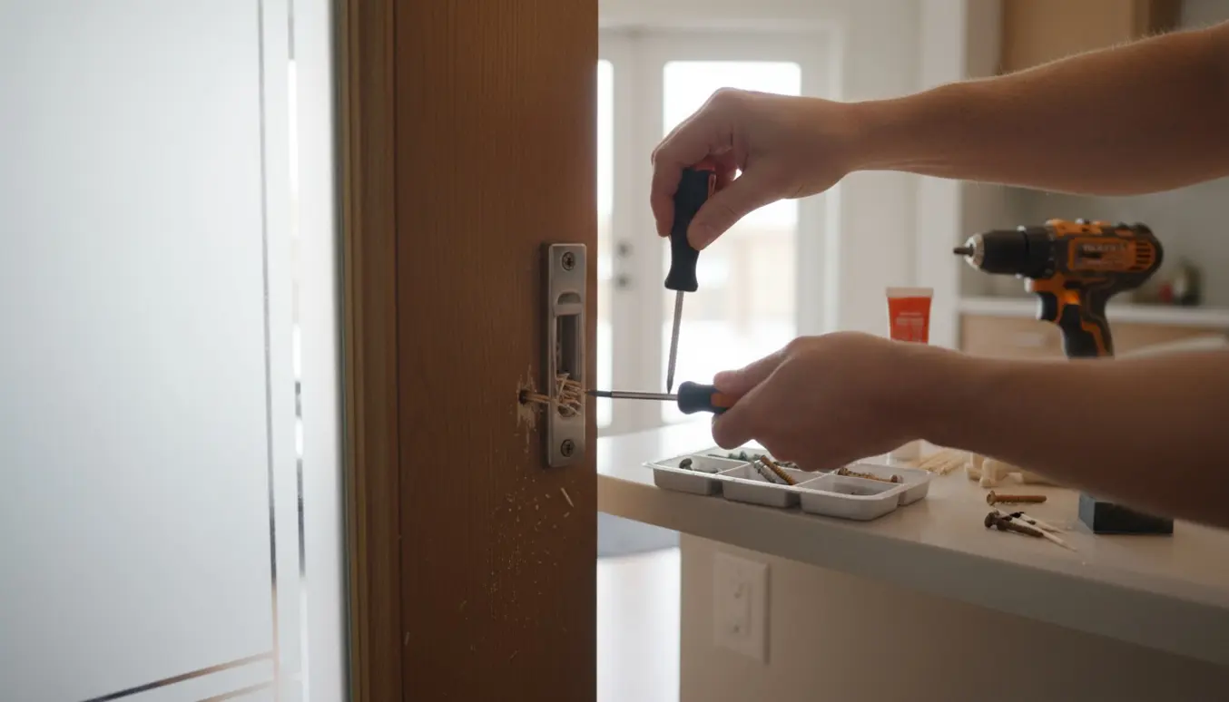 Nærbillede af reparation af dørhængsel på en indvendig glasdør med skruer, trædowels og skruetrækker.