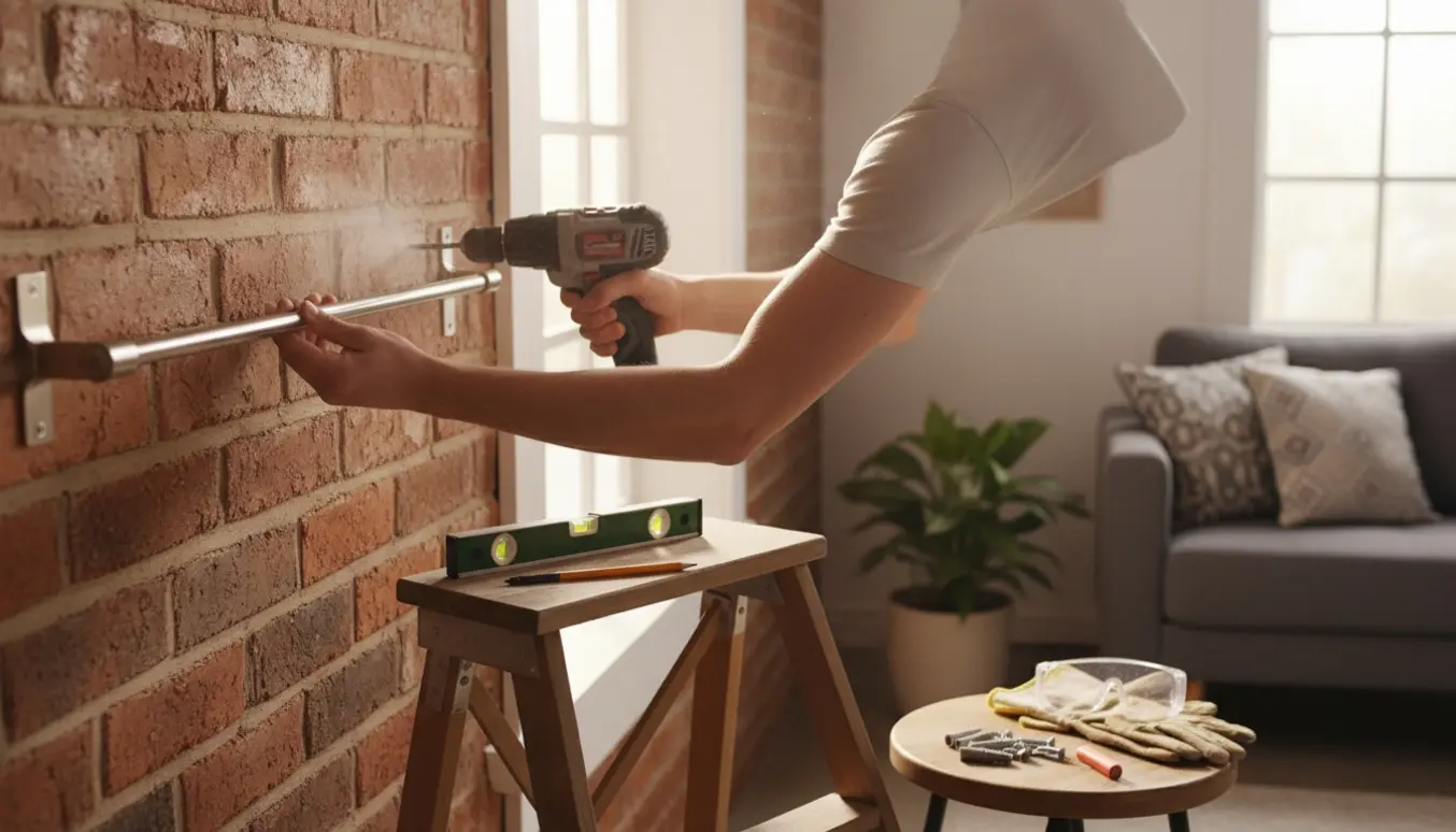 Nærbillede af opsætning af gardinstang i murstensvæg med boreværktøj og rawlplugs.