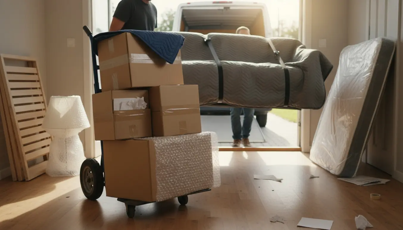 Flyttefolk bærer en indpakket sofa og stabler flyttekasser ved en åben flyttevogn.