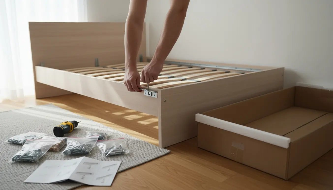 Delvist samlet Brimnes-sengeramme på trægulv med værktøj og hænder, der strammer en skrue.