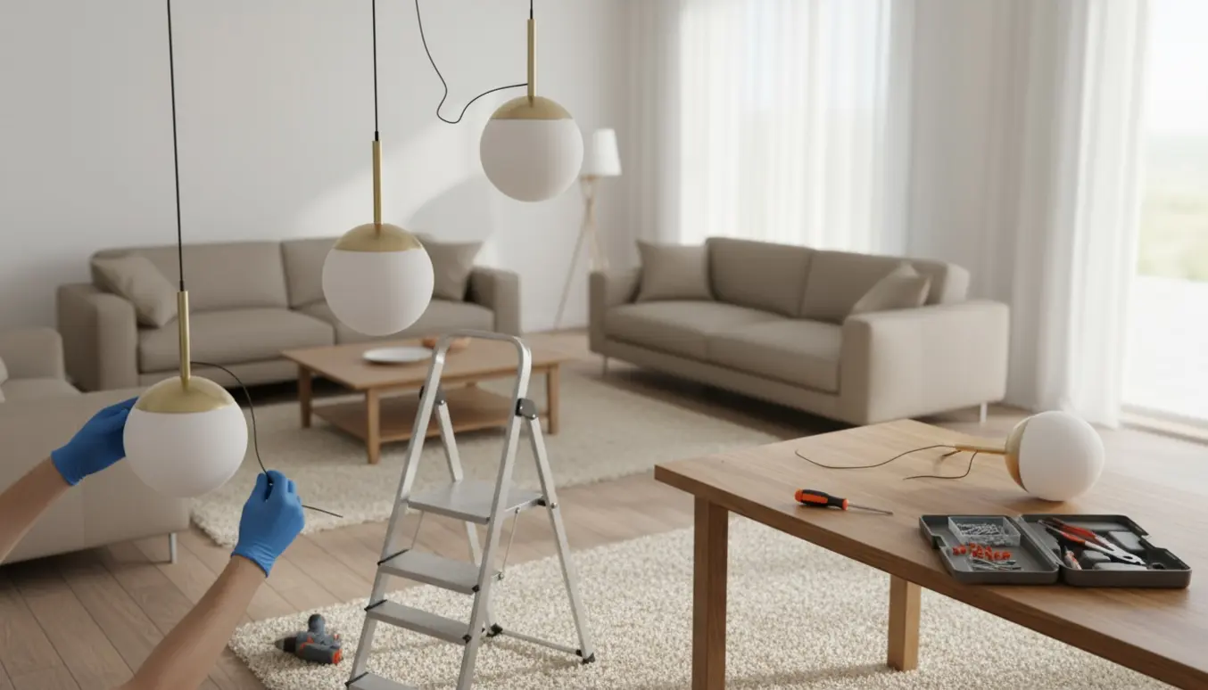 To hænder monterer tre pendellamper i en stue med værktøj og en stige i nærheden.