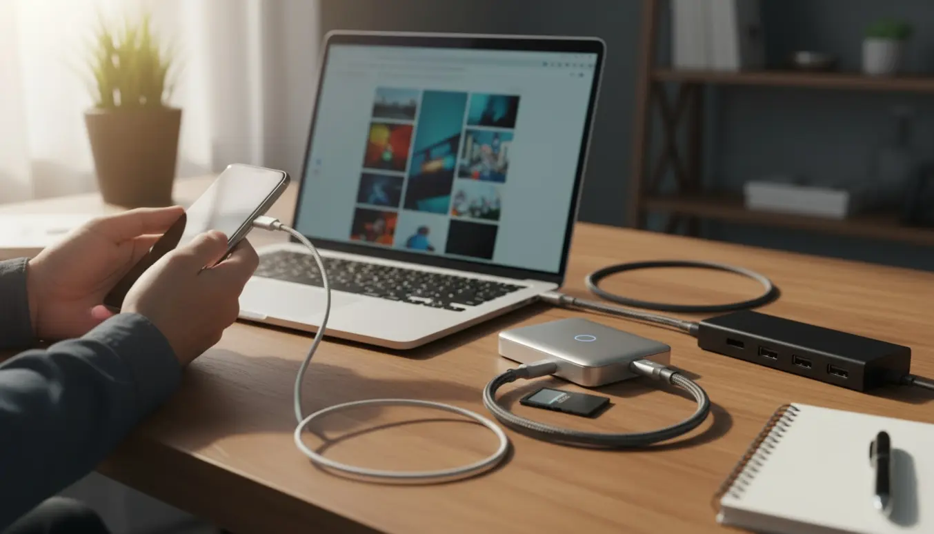 Smartphone forbundet til en bærbar computer og ekstern harddisk på et skrivebord under billedoverførsel.