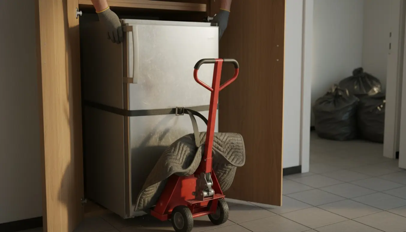 Fryseskab trækkes ud af et smalt skab med en sækkevogn, kun få centimeter til siderne og 5 cm frit over.