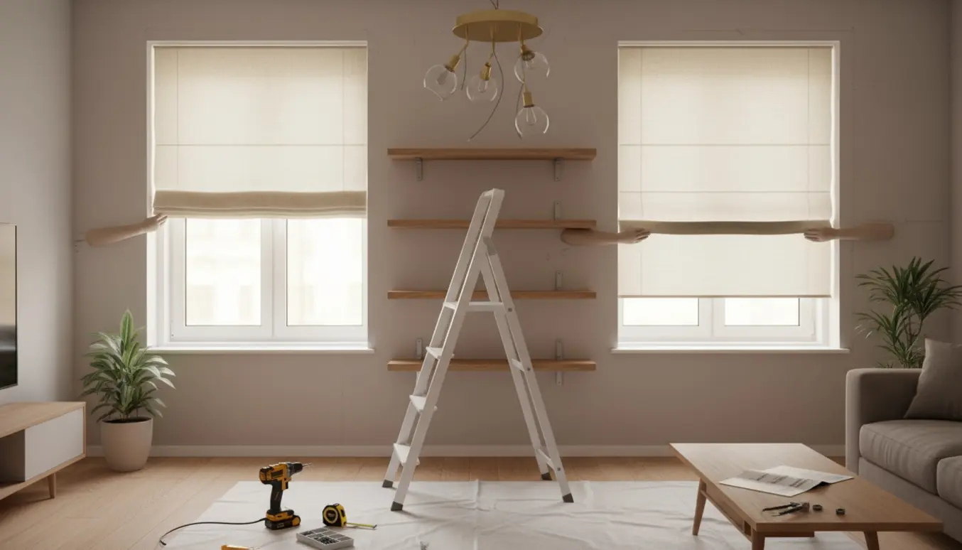 Hænder monterer tre lamper, to rullegardiner og flere hylder i en lys, ryddelig stue.