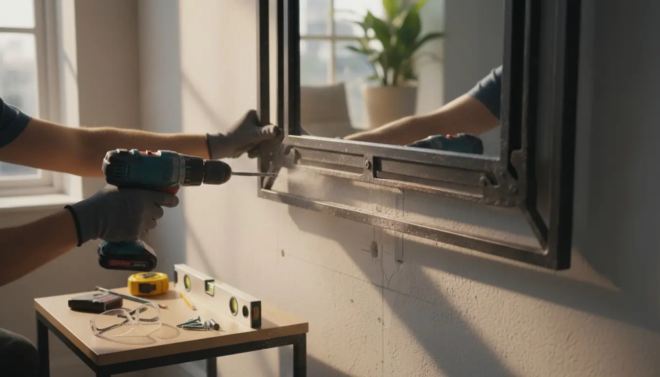 En person hænger et tungt spejl op med boremaskine og vægankre i naturligt lys.