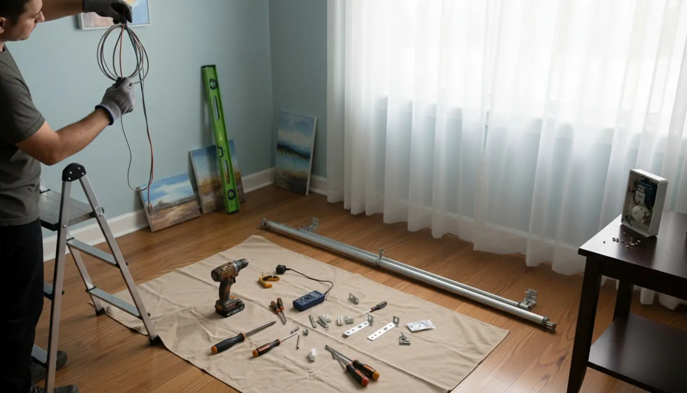 Person på en stige justerer en loftslampe med værktøj, gardinstang og to små malerier klar til ophæng.