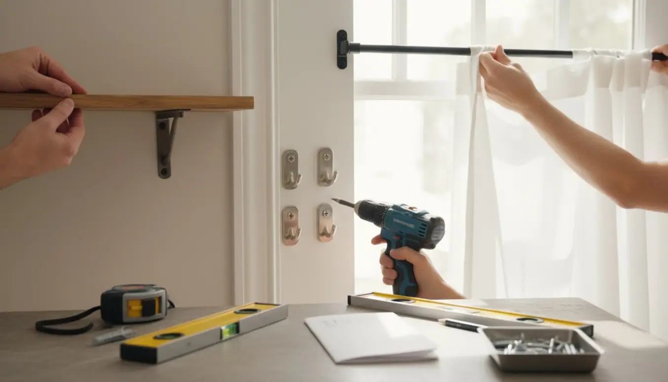 Hænder og værktøj monterer to hylder, to kroglåse på en dør og en gardinstang i et lyst, ryddeligt rum.
