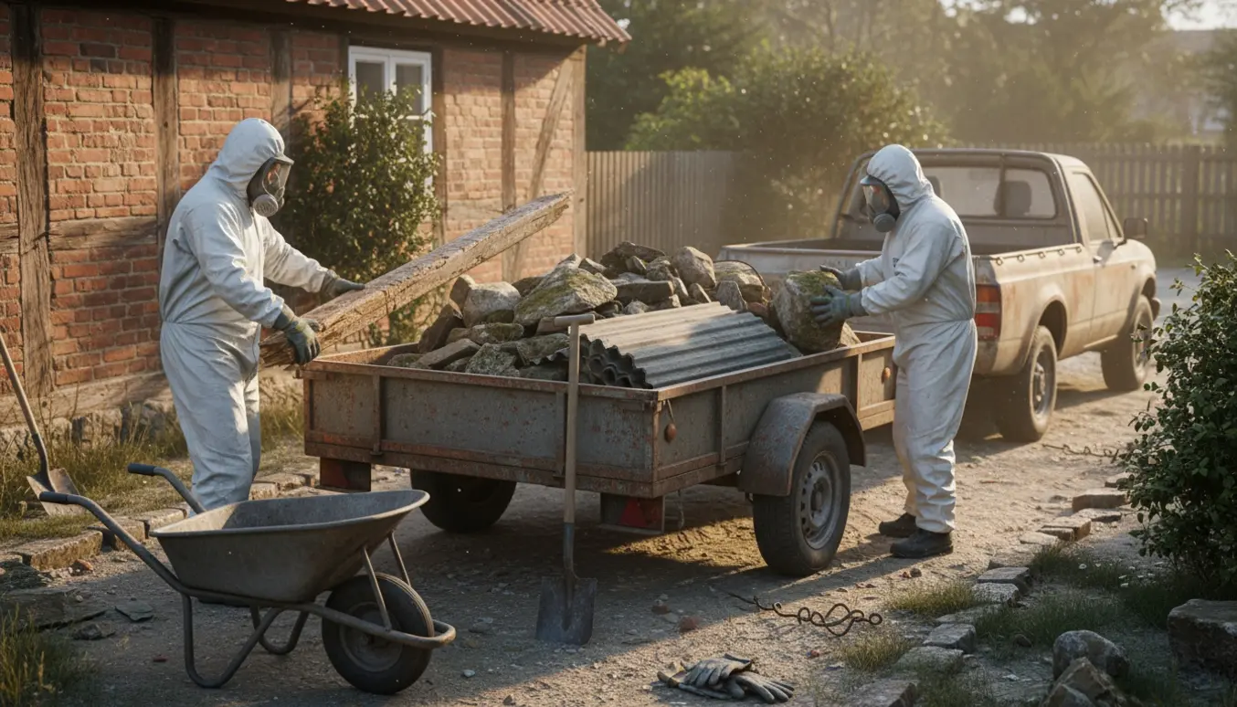 Arbejdere i beskyttelsesdragter rydder byggeaffald fra en væltet bindingsværksmur og læsser det på en trailer.