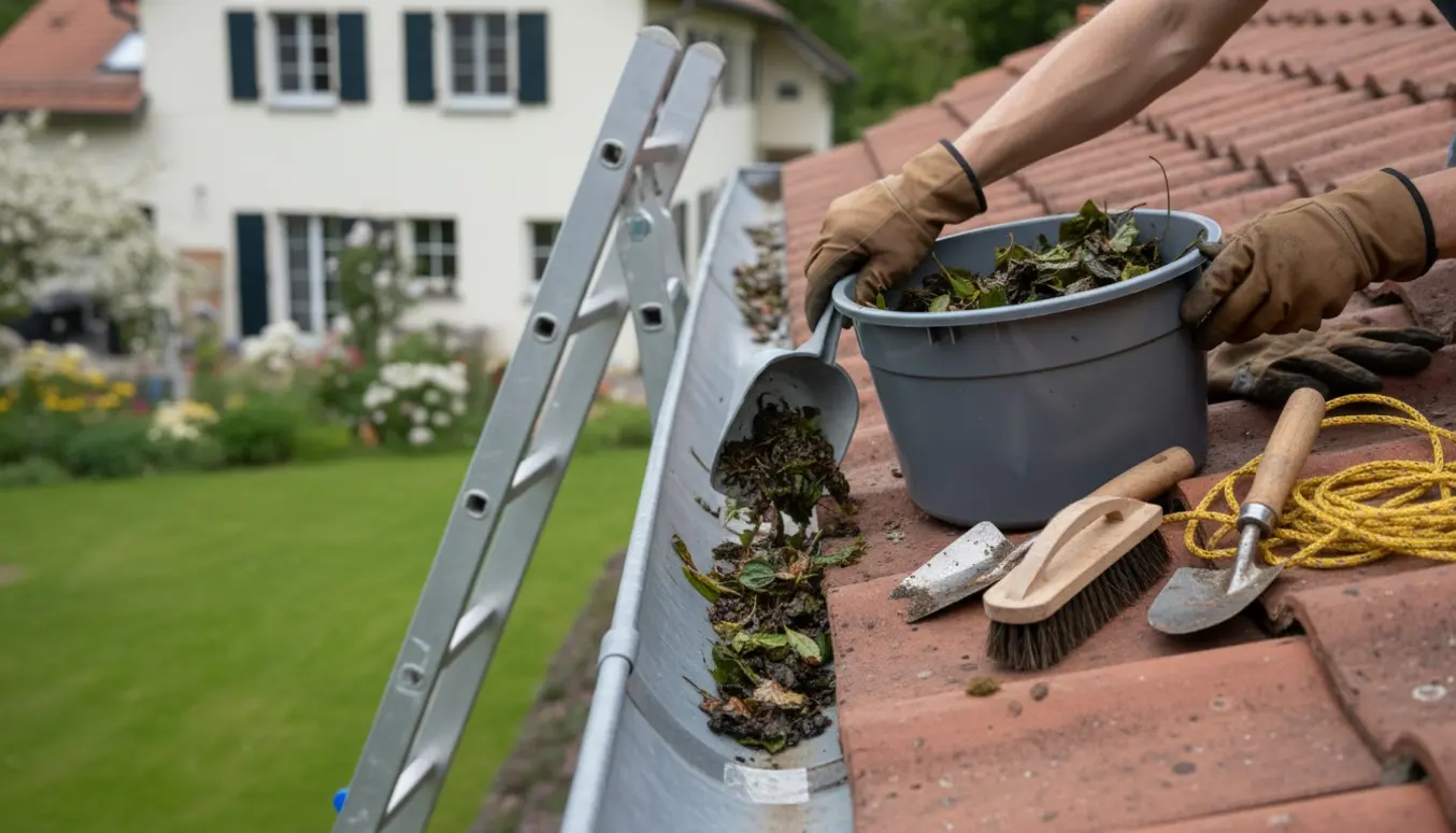 Nærbillede af zinktagrende med lang stige, spand og værktøj, gloved hænder og tape ved et hul i et hjørne.