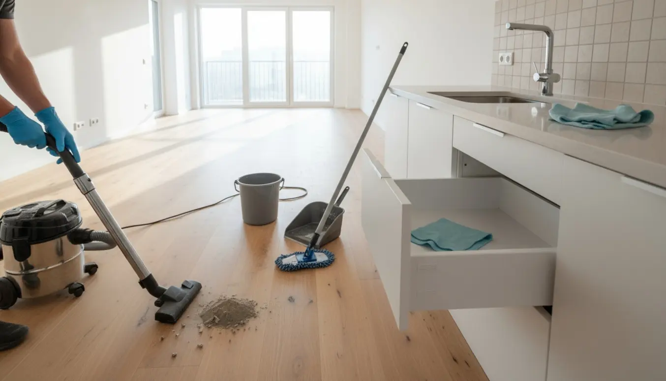 Rengøring efter håndværker i en tom lejlighed med støvsuger, moppe og åbne køkkenskuffer.
