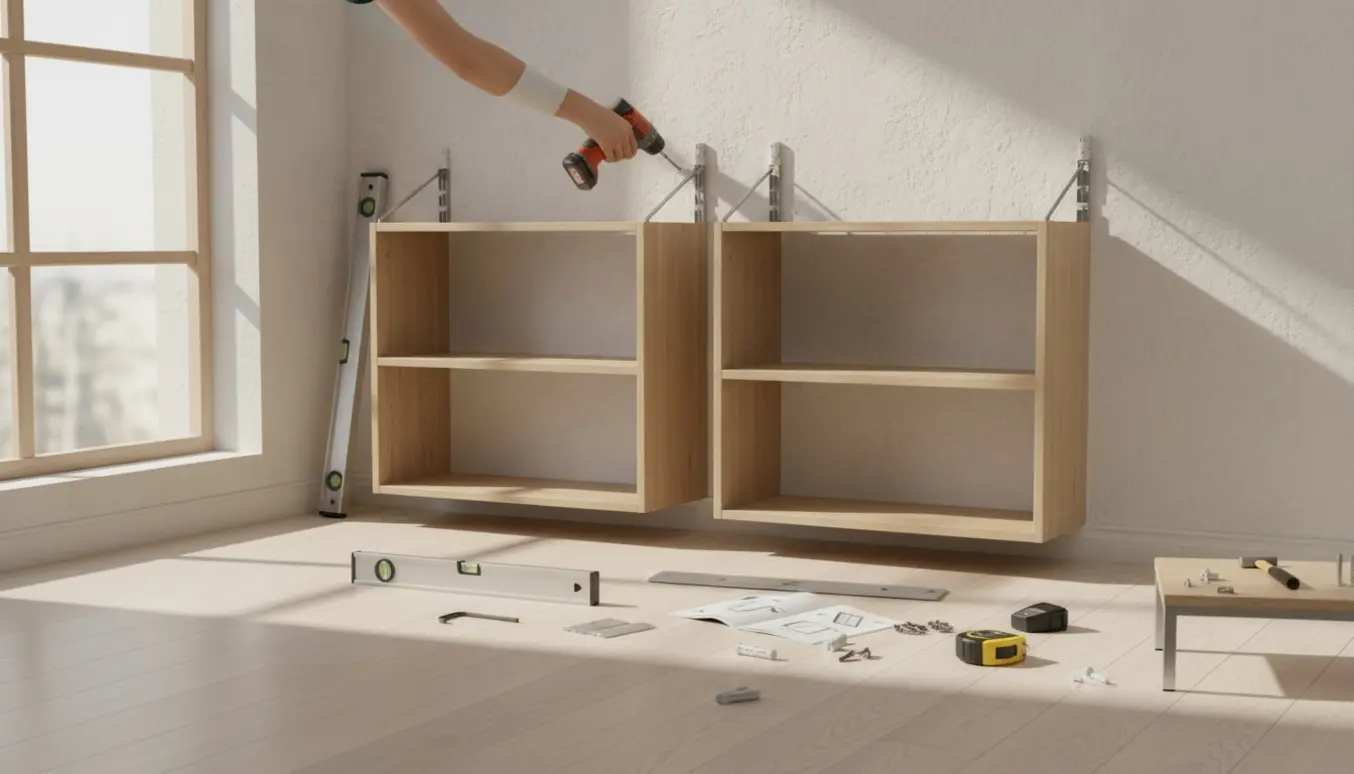 To reoler fra flatpack bliver samlet og skruet op på en gipsvæg, med hænder og værktøj i fokus.