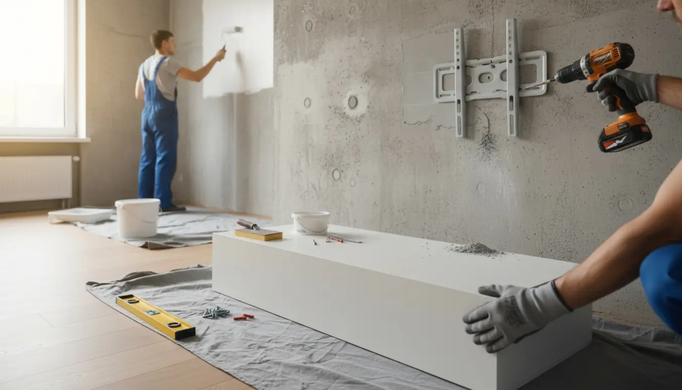 Håndværkere fjerner et TV-beslag, fylder huller og monterer en hvid sokkel, mens en væg males hvid.